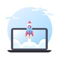 Business concept of successful project startup, rocket launch on laptop background, vector illustration Royalty Free Stock Photo